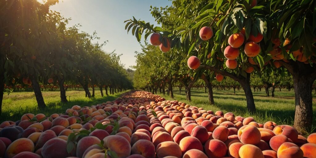 Une photo d'un verger ensoleillé avec des arbres chargés de pêches et de nectarines, mettant en valeur les couleurs chaudes et les fruits juteux. Une photo d'un verger ensoleillé avec des arbres chargés de pêches et de nectarines, mettant en valeur les couleurs chaudes et les fruits juteux.
